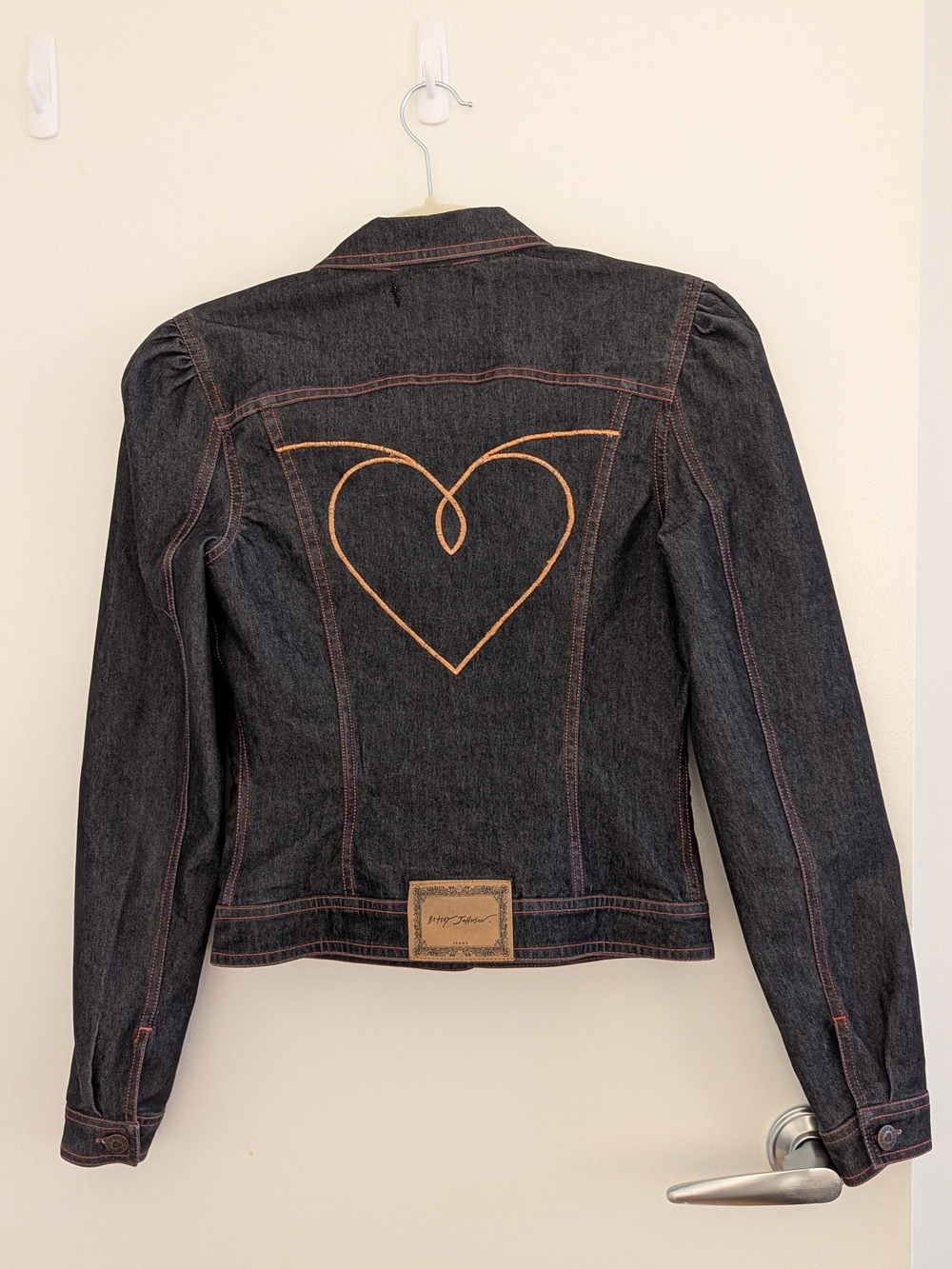 Betsey Johnson Denim Jacket with Pink Heart Embroidery
